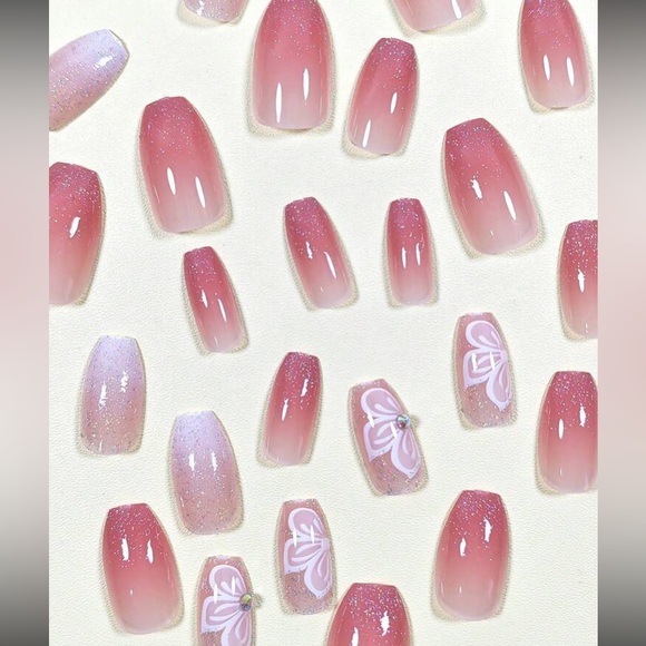 Glamorous Long Coffin floral Pink Ombre Glitter Rhinestone press on nails - Picture 4 of 9